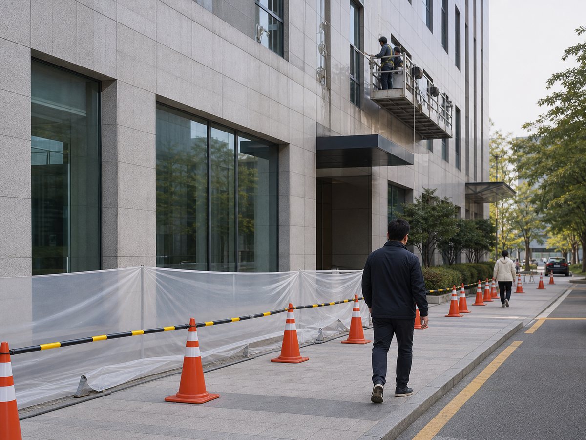 외벽청소 작업 구역 주변 보행 동선을 통제한 작업 현장